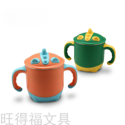 304 Stainless Steel Children's Cups Cup with Handle Kindergarten Student Drinking Cup Milk Cup Double-Layer Cup with Lid