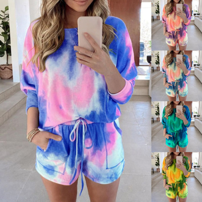 2021 European and American Foreign Trade Women's Clothing Home Wear Two-Piece Summer Amazon Tie-Dyed Printed Long Sleeve plus Shorts Suit