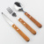 Red Miscellaneous Wooden Handle Kitchen Tools Steak Knives, Spoons, and Forks Set Stainless Steel Western Food Knife, Fork and Spoon Three-Piece Tableware