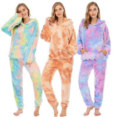 European and American AliExpress New Coral Fleece Home Wear Hooded Thickened Tie-Dyed Pajamas Warm Suit