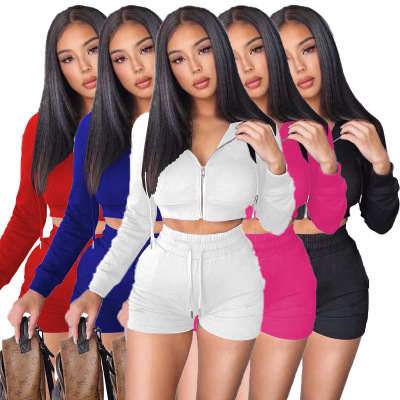 Amazon Independent Station Cross-Border Women's Clothing Wholesale Fashion Sports Solid Color Long Sleeve Hoodie Two-Piece Set