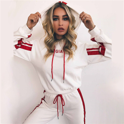 AliExpress Autumn New European and American Style Mixed Color Stripe Short Lace up Hooded Casual Sweatshirt Sports Suit