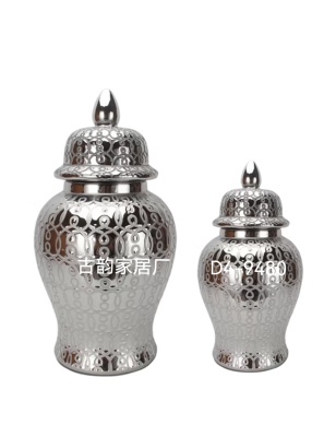 European Simple Style Silver Hollow Ceramic Decoration Creative Hollow Vase Temple Jar Decorations