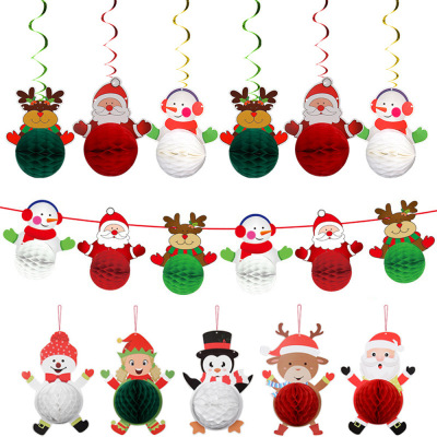 Cross-Border Christmas Decoration Supplies Christmas Snowman Elderly Honeycomb Ball Hanging Flag Spiral Ornaments Wholesale Customization