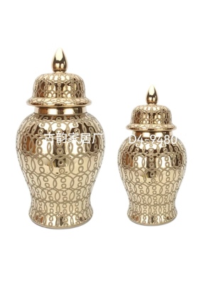 Modern Light Luxury Minimalist Design Golden Hollow Ceramic Decoration Creative Hollow Vase Temple Jar Decorations