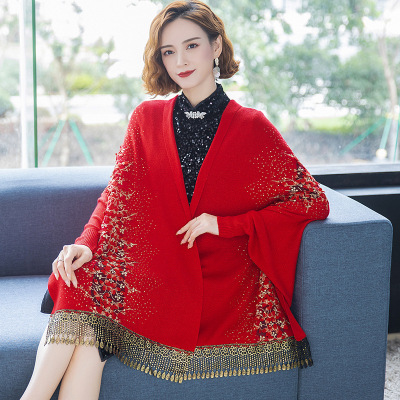 Cape and Shawl Sweater Coat Women's Mid-Length Autumn and Winter Assembly Cheongsam Cloak Outer Wear Tassel Bat Knitted Cardigan