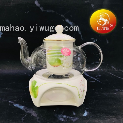 Ceramic Glass Flower Teapot Candle Heating Base Tea Set 