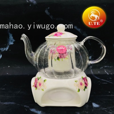 Ceramic Vertical Pattern Glass Scented Teapot Candle Heating Base Teapot