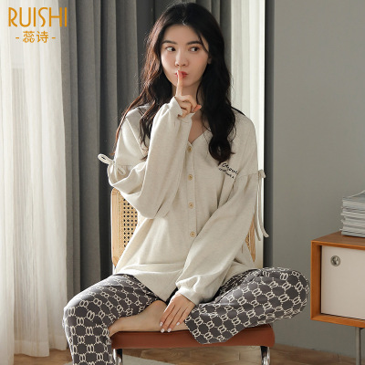 Autumn Purified Cotton Pajamas Women's Sports Casual Suitable for Daily Wear round Neck Long Sleeve Homewear Loose plus Size Student Suit Women