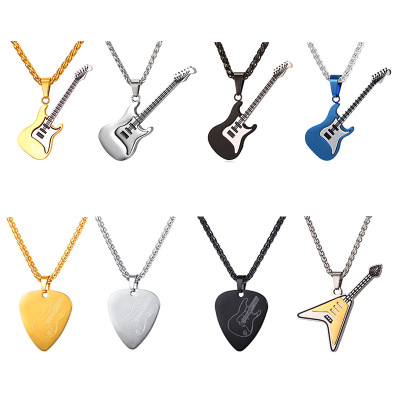 Factory Wholesale Fashion New Guitar Stainless Steel Pick Necklace European and American Personalized Rock Guitar Titanium Steel Necklace