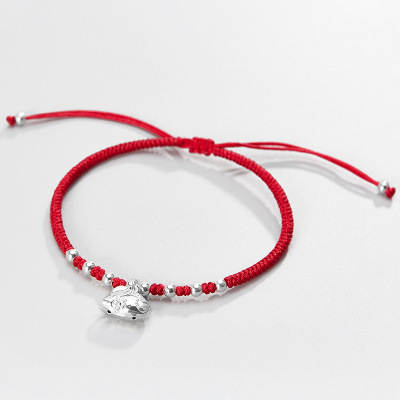 999 Sterling Silver Zodiac in Red Rope Anklet Female Ankel Chain Female Sexy Animal Year Mouse Handmade Braided Anklet Male Cow