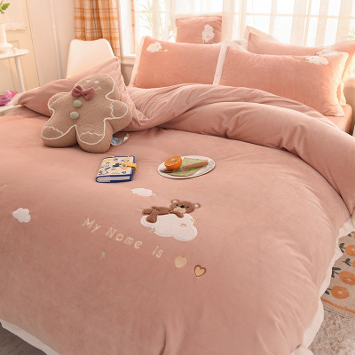 Winter Thicken Thermal Double-Sided Milk Fiber Four-Piece Coral Fleece Crystal Baby Fleece Flannel Velvet Duvet Cover Bed