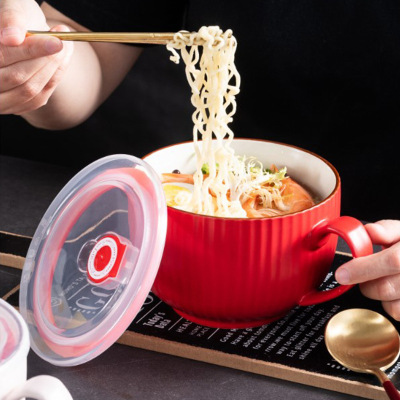 Office Instant Noodle Bowl Noodle Cup Ramen Bowl Covered Ceramic Bowl Student Dormitory Lunch Box Lunch Bowl Lunch Box with Handle