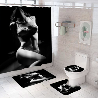 Cross-Border Direct Supply 3D Digital Printing Polyester Shower Curtain Floor Mat Toilet Three-Piece Waterproof Shower Curtain Factory Customization