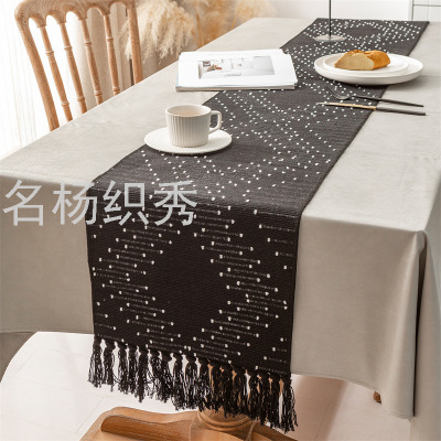 2021new Star Cotton Jacquard Woven Dining Table Table Runner Chest of Drawers Cover Towel Black and White Simple Color Matching Bed Runner