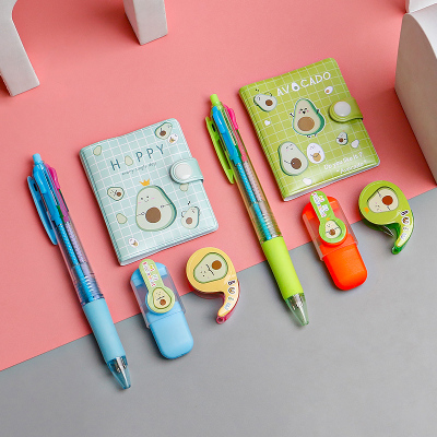 New Stationery Set Avocado Retractable Ballpoint Pen Notebook Fluorescent Pen Stickers Four-Piece School Supplies Gift