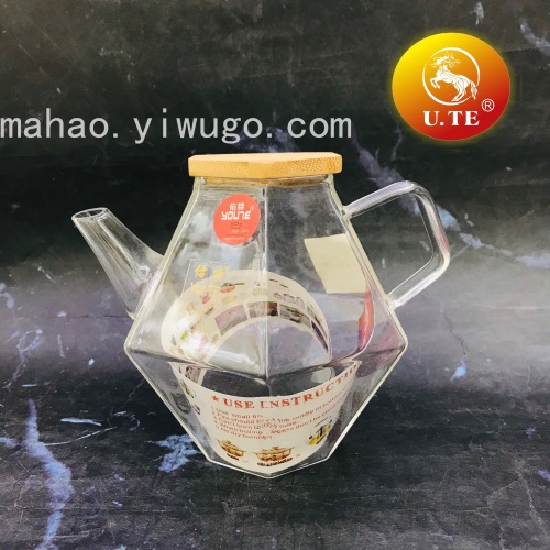 Wooden Lid Glass Hexagonal Teapot