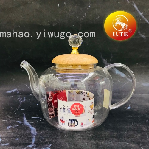 Diamond Head Wooden Lid Borosilicate Glass Teapot Coffee Pot