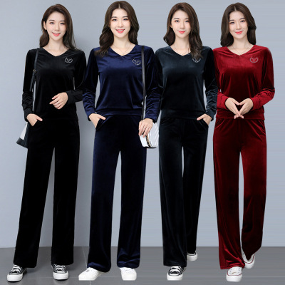 Gold Velvet Sports Suit Women Straight-Leg Pants Suit 2021 New Fashion Casual Wear Factory Wholesale One Piece Dropshipping