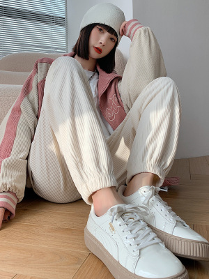 Corduroy Sports Pants Female Spring and Autumn Loose Fleece 2021 New Slimming Casual Pants One Piece Dropshipping Ankle Banded Pants