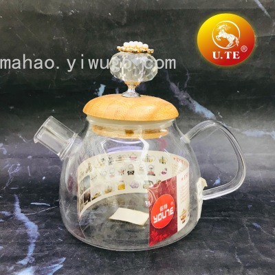 Diamond Wooden Lid Glass Teapot Coffee Pot