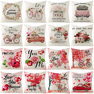 Pink rose valentine's Day pillow cover Nordic linen printed cushion cover sofa back pillow cover