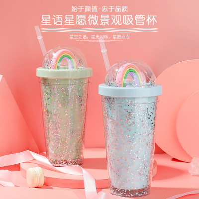 Water Cup Girl's Summer Cute Plastic Cute Stirring Cartoon Straw Cup Girlwill Japan Portable Cup