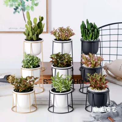 INS Nordic Succulent Flower Pot Iron Vase Simple Iron Flower Stand Ceramic Hydroponic Flowerpot Containers for Plants and Flower Set