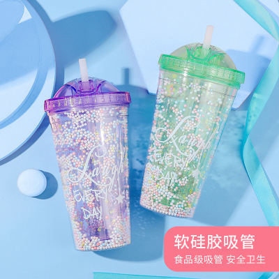 New Online Influencer Fashion Sliding Cover Ice Cup Solid Color Modern Simple Double-Layer Soft Straw Food Grade Material Water Cup Wholesale