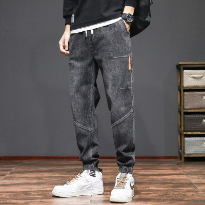 One Piece Dropshipping Spring and Autumn New Harem Jeans Men's Elastic Waist Ankle-Tied Loose Elastic Sports Pants Overalls