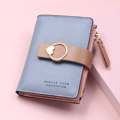 New Women's Small Wallet Small Fresh Solid Color Buckle Love Women's Card Holder Coin Purse Two Fold Multi-Card-Slot Clutch