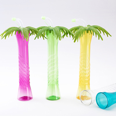 Disposable Milk Tea Space Plastic Cup with Straw Transparent Sports Kettle Gift Customized Ice Cup Coconut Tree Cup