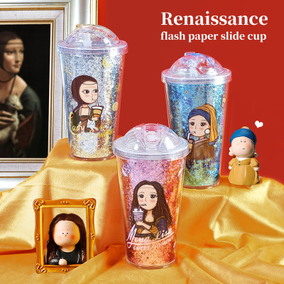 Cartoon Plastic Water Cup Straw Cup Summer Girls Creative Arts Renaissance Famous Painting Slide Cup Hot Sale Department Store