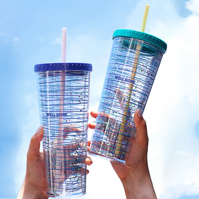 720ml Large-Capacity Water Cup Double-Layer Cup with Straw Internet Celebrity Coke Cup Advertising Small Gift Plastic Cup Creative Cup