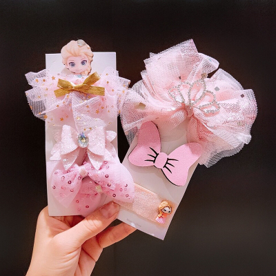 Frozen Bow Headdress Children's Pink Princess Elsa Ornament Girls Hairpin Hairpin Hair Ornaments Set H