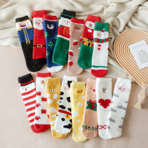 coral velvet socks half velvet women‘s socks christmas socks korean thick warm couple socks cute cartoon snow