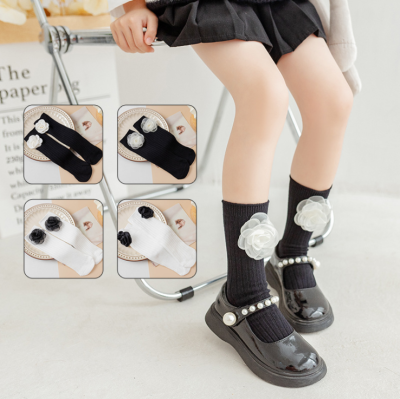 Children's Tube Socks Big Flower Black and White Solid Color Loose Socks Straight without Heel Princess Socks Wholesale