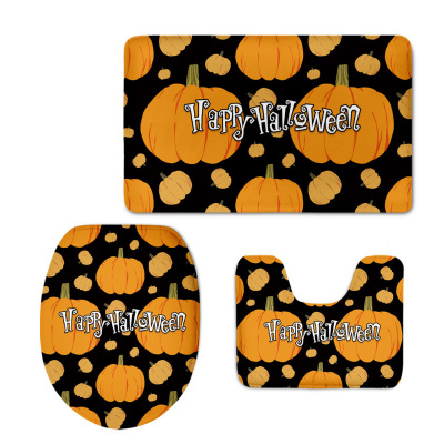 Machine Woven Flannel European and American Style Toilet Three-Piece Set Absorbent Non-Slip Pumpkin Ghost Print Cross-Border Available