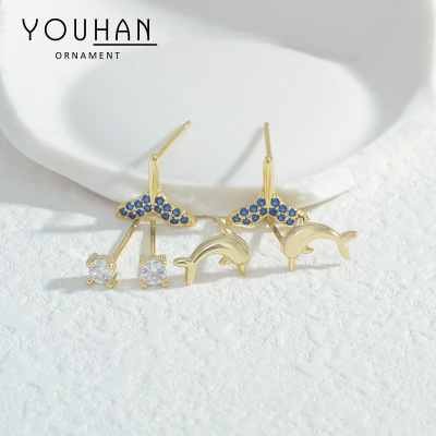 Korean Style Fashion Three-Piece Set Combination Sterling Silver Needle Stud Earrings Female One Card Three Pairs Zircon Dolphin Tail Earring Ornament