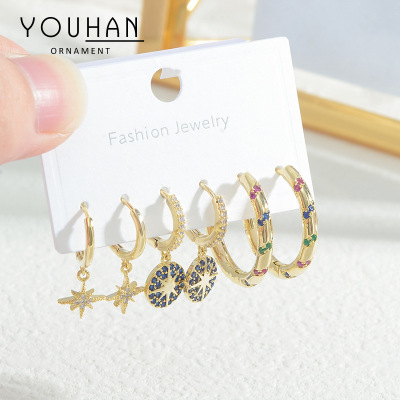 Korean Style Fashionable High-Grade Micro Inlaid Zircon Eight Awn Star Earrings Women's Exquisite Light Luxury Ear Clip Fashionable and Versatile Earrings Trendy