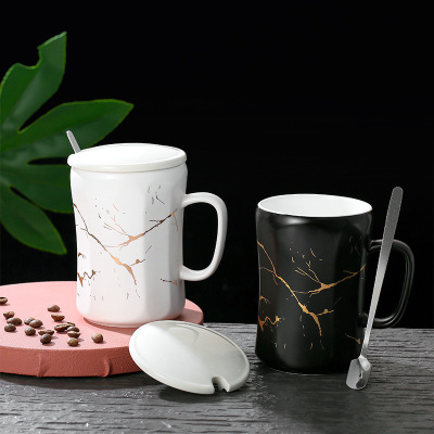 Marble Pattern Matte Golden Coffee Cup Japanese Style Black Platinum Pattern Ceramic Mug with Cover Spoon Tea Coffee Cup