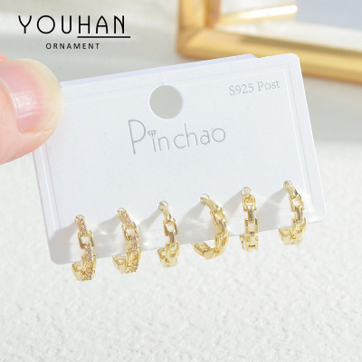 Sterling Silver Needle Micro Inlaid Zircon Chain One Card Three Pairs Set Stud Earrings Female Korean Style Fashionable and Versatile Earrings Jewelry Fashion