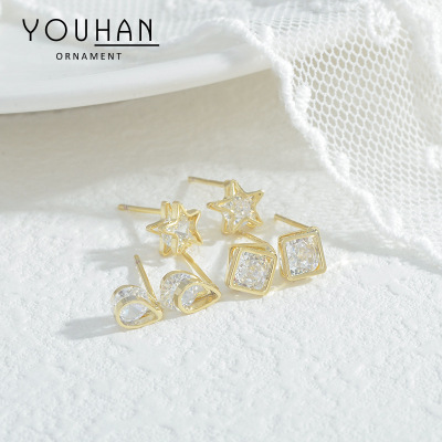 Korean Style Fashion Three-Piece Set Combination Sterling Silver Needle Stud Earrings Female One Card Three Pairs Five-Pointed Star Fashion All-Match Ear Rings