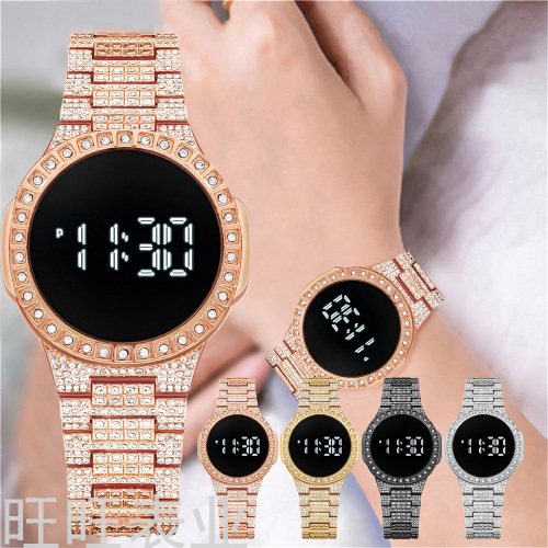 Factory Direct Sales Women‘s Steel Band Diamond Led Watch Women‘s Touch Screen Multi-Function Sports Trend Electronic Watch