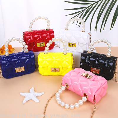 Candy Color Rhombus Gel Bag One Shoulder Crossbody Mini Chain Change and Key Pearl Tote Girls in Stock