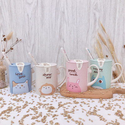 Cartoon Maixiang Plastic Wheat Straw Cup with Coffee Spoon Office Single Handle Adjustable Mug Wholesale