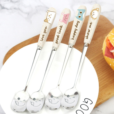 Factory Wholesale Wheat Straw Tableware Creative Cute Cartoon Spoon Kit Portable Stainless Steel Coffee Spoon