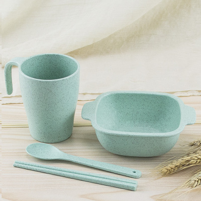 Factory Wholesale Household Wheat Straw Tableware Four-Piece Set Creative Children Student Wheat Incense Cup Bowl Chopsticks Set