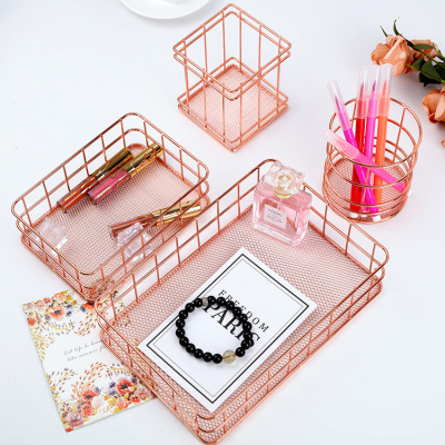 Nordic Style Rose Gold Storage Basket Wrought Iron Storage Basket Ins Desktop Finishing Fruit Storage Basket Square