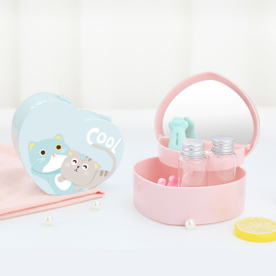 Q Cute Cartoon Heart-Shaped Storage Box Multifunctional Double-Layer Flip Jewelry Box DIY Children's Hair Accessories Vanity Box